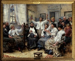 Veldedighetens fasciner (doktor Luys tjeneste). Scene på Hôpital de la Charite i Paris: pasienter med hysteri og andre psykiske lidelser blir overvåket av leger bakerst i rommet. På veggen en plakat om hypnosemetoder som behandling