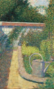 The Watering Can - Garden at Le Raincy, c. 1883.    1183286   no       norwegian Successfully Translated  Original: Le jardin des pommes (Apple Garden). Une femme en robe blanche cueille un fruit dans un pommier, sur une estrade, derriere elle, un couple p av Georges Pierre Seurat