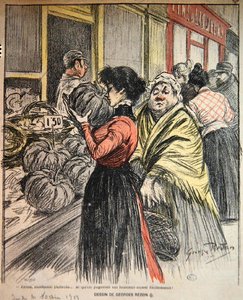 To kvinner velger et gresskar på et marked, sent på 1800-tallet (farge litho)