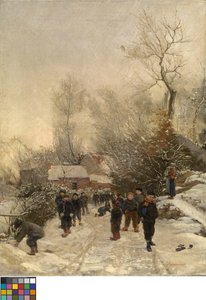 Landsby med barn i snøen av Georges Reinheimer