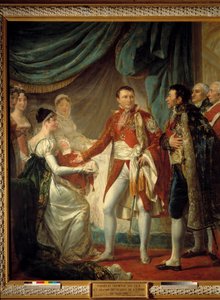 Keiser Napoleon I presenterer sin sønn, kongen av Roma, for imperiets dignitærer den 20/03/1811 i nærvær av Iimpress Marie Louise-maleriet av Georges Rouget (1784-1869) 1812 Søn. 2,60 x 2,20 m - Presentasjonen av kongen av Roma -Napoleon