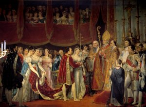Religiøst ekteskap av Napoleon I (1769-1821) med erkehertuginne Marie Louise av Habsburg-Lorraine (1791-1847), 2/04/1810 i Salon carre du Louvre-maleriet av Georges Rouget (1783-1869) 1800-tallet søn. 3,67x4,94 m. - Religiøst ekteskap av Napoleon I (17