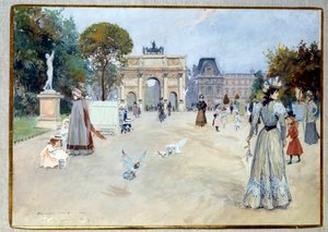 Utsikt over Tuileries Garden i Paris Hagen var en av de parisiske stedene for turer av elegante. Gouache av Georges Stein (1870-?) DR privatsamling fra 1900-tallet