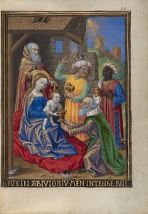 The Adoration of the Magi from a Book of Hours Ms. 48 fol. 59, ca. 1480-90 (tempera, bladgull og blekk på pergament)