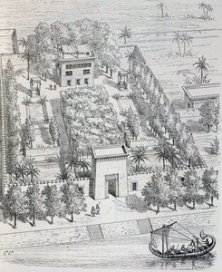 Utsikt over egyptisk villa langs Nilen, rekonstruksjon av Chipiez, fra kunsthistorie i antikken (Egypt, Assyria, Persia, Lilleasia, Hellas, Etruria, Roma) av Georges and Chipiez Charles Perrot
