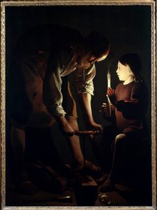 Saint Joseph snekker Jesus barn holder et stearinlys for å tenne sin far Joseph på jobb. Maleri av Georges de La Tour (1593-1652) 1640 Søn. 1,07 X 1,02 m Paris. Museet Louvre