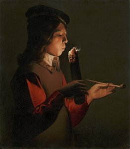 En ung gutt med en pipe, som blåser på et ildsted, av La Tour, Georges, de (1583-1652). olje på lerret av Georges de La Tour
