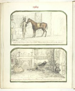 Uten tittel [mann med hest og par slapper av ved bålet], 1868.