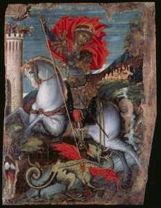 Ikon av St. George på hesteryggen som dreper dragen (eggtempera på panel) av Georgios Klontzas