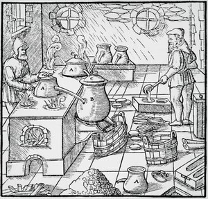 Gravering fra De re metallica (Om metallers natur), av Georg Pawer eller Georgius Agricola (1494-1555), utgitt i Basel av Georgius Agricola