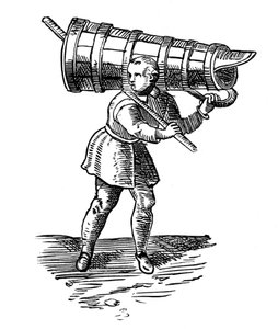 En lærling, bærende et trekar like høyt som ham selv, på vei for å hente vann, 1572 av Georgius Braun