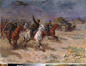 Attack (Tanks and Cavalry of the Red Army under the October Revolution) - Attack - Maleri av George (Georgy, Georgi) Konstantinovich Savitsky (1887-1949), olje på lerret av Georgiy Konstantinovich Savitsky