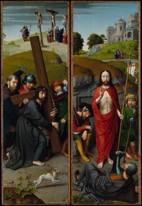 Kristus som bærer korset, med korsfestelsen, oppstandelsen, med pilegrimene..., ca. 1510. av Gerard David