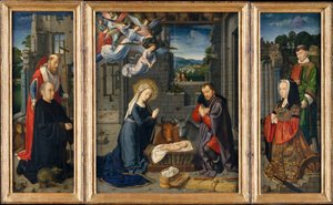 The Nativity with Donors and Saints Jerome and Leonard, c.1510–15 (oil on canvas) av Gerard David