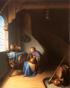 Interiør med en kvinne som spiser grøt av Gerrit Dou