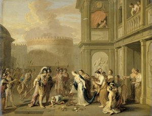 Dronning Cleophis tilbyr vin til Alexander den store etter hans erobring av Mazaka av Gerard Hoet (I)