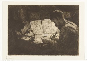 Selvportrett bak tegnebrettet av Gerard Jan Bos (signed by artist)