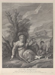 En landkvinne sittende i landskap med to gutter ved sin side, 1729-40. av Gerard Jean Baptiste Scotin