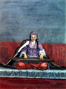 Tyrkisk jente som spiller siter, gravert av Gerard Jean Baptiste Scotin (1671-1716) (gravering)