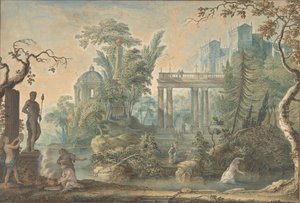 Arkadisk landskap med flere figurer og en statue av Apollo, 1700-tallet.