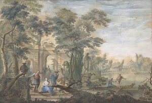 Arkadisk landskap med flere figurer og en statue av Diana, 1700-tallet.