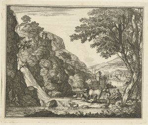 Hyrde med dyr ved en foss