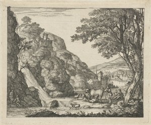 Hyrde med dyr ved en foss