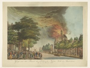 Brann i den nye lutherske kirken på Singel i Amsterdam, 18. september 1822 Utsikt over merkevaren til den lutherske nye kirken i Amsterdam (tittel på objekt) av Gerard Overman