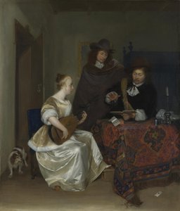 En kvinne som spiller en Theorbo til to menn, ca 1668