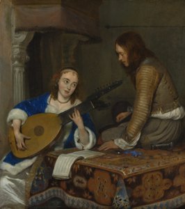 En kvinne som spiller teorbo-lutten og en kavaler, ca. 1658.