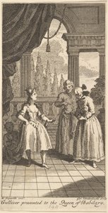 Gulliver presentert for dronningen av Babilary, frontispice til The Travels of Mr. ..., februar 1730. av Gerard Vandergucht