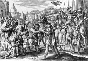 Saint Loup, biskop av Troyes får Attila (gravering)