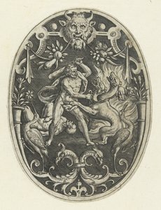 Overflatedekorasjon: Hercules dreper monsteret Geryon Oval overflatedekorasjon med Hercules gjerninger i grotesker (serietittel)