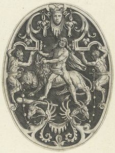 Overflatedekorasjon: Hercules og Nemean-løven Ovale overflatedekorasjoner med Hercules gjerninger i grotesker (serietittel)
