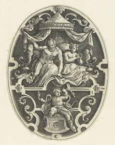 Overflatedekorasjon: Hercules kveler de to slangene i vuggen sin Ovale overflatedekorasjoner med Hercules gjerninger i grotesker (serietittel)
