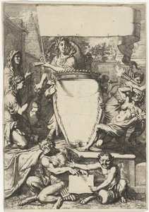 Kartusj omgitt av allegoriske figurer av Gerard de Lairesse