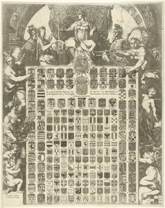 Kjønnsvåpen til prins William III i en allegorisk ramme LXIIII Gender Weapons of the Prince of Oraenjen etc. og Weapons of the 7 United Netherlands with its Cities etc. (tittel på objekt) av Gerard de Lairesse