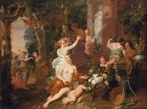 Nymfer og bakchanter hyller ved Flora-tempelet av Gerard de Lairesse