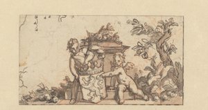 Design for en vignett med to putti med Hollands våpenskjold av Gerard de Lairesse