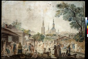 Une cure thermale (Sauna) a Moscou (A cure bath in Moscow). Peinture de Gerard de la Barthe (actif entre 1787 et 1810). Aquarelle sur papier, 45,7 x 66,7 cm, vers 1790. Art francais du 18e siecle. Museum of private collections in A.Pushkin Museum of Fine A av Gerard de la Barthe
