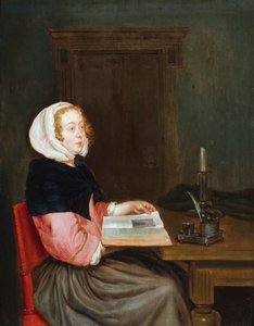 Et interiør med en kvinne sittende ved et bord som holder en bok (olje på panel) av Gerard ter (after) Borch or Terborch