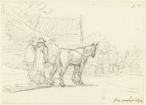 Tre menn ved siden av en hest og slede av Gerard ter Borch (II)
