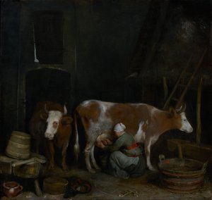 En tjenestejente melker en ku i en låve av Gerard ter Borch