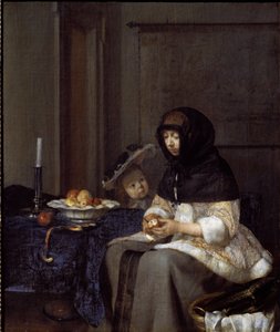 En mor som skreller et eple (olje på lerret av Gerard ter Borch