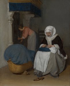 Kvinne som syr ved siden av en vugge, ca. 1656 av Gerard ter Borch