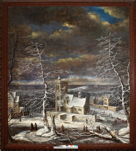 En landsby om vinteren med figurer på isen (olje på lerret) av Gerard van Edema