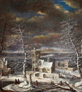 En landsby om vinteren i et omfattende landskap med figurer på isen (olje på lerret) av Gerard van Edema