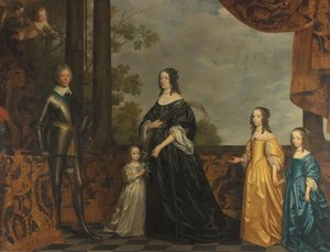 Frederick Henry, hans kone Amalia av Solms, og deres tre yngste døtre Portrett av Frederik Hendrik (1584-1647), Prins av Oransje, hans kone Amalia van Solms (1602-1675) og deres tre yngste døtre Albertina Agnes (1634-1696), Henrietta Ca