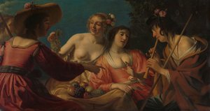 Hyrde som spiller på fløyte, og fire gjeterinner Shepherd Playing the Flute, og fire nymfer
