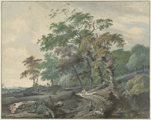 Landskap med en vei gjennom en skog og en falkejeger